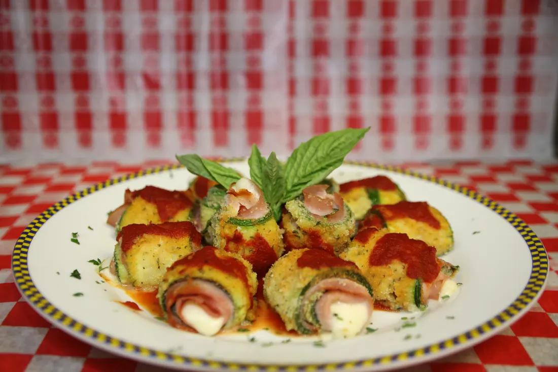 Eggplant rollatini with marinara, mozzarella and basil